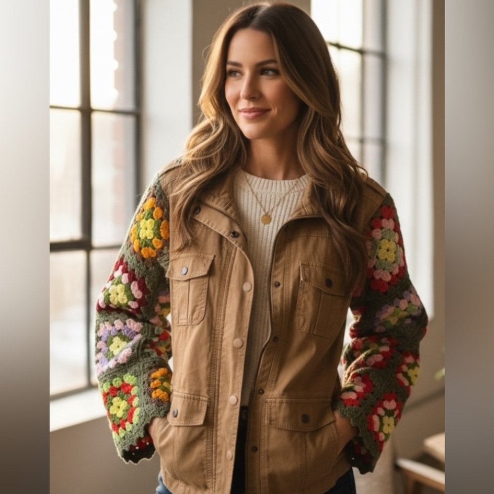 Kensie Stylish Tan Utility Jacket with Crochet Sleeves size Large zipper close